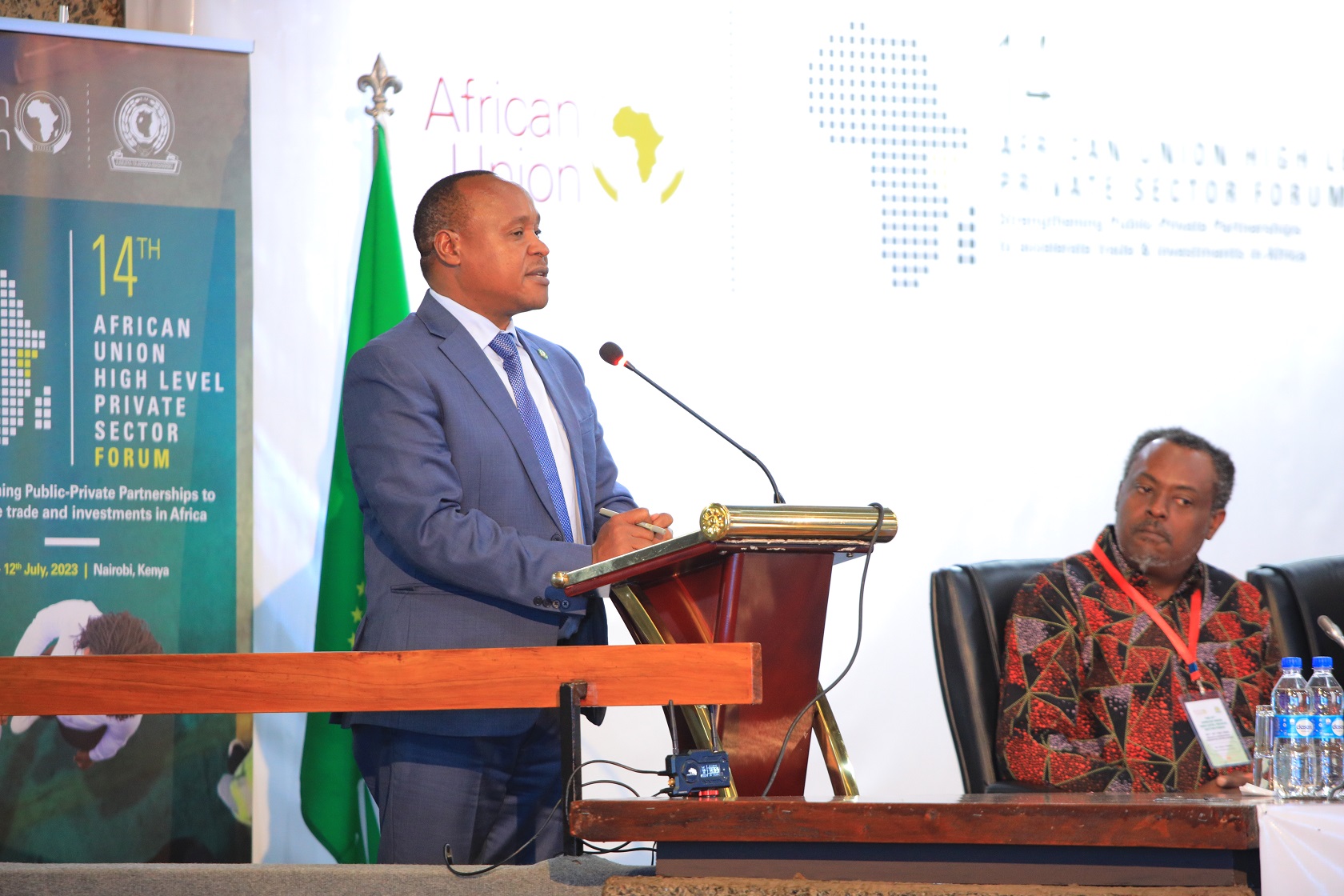 EAC Secretary General Hon. (Dr.) Peter Mathuki addresses delegates during the closing session of the 14th African Union High Level Private Sector Forum in Nairobi, Kenya.