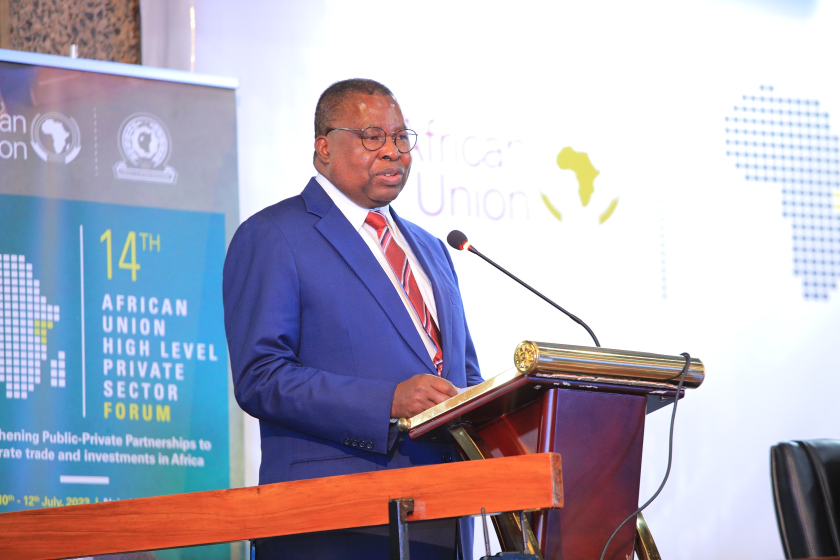  The African Union Commissioner of Economic Development, Trade, Tourism, Industry and Minerals speaks during the closing session of the 14th African Union High Level Private Sector in Nairobi.
