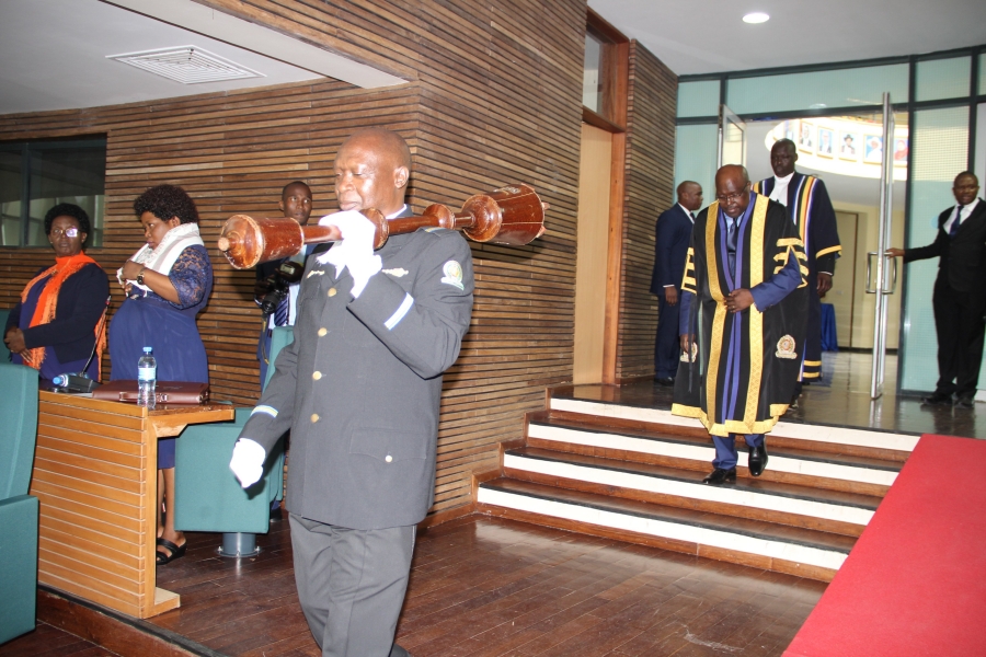 EALA Speaker Rt Hon Joseph Ntakirutimana (centre, in ceremonial regalia) arrives for the tabling of the EAC 2023/2024 Budget Speech at the Assembly Chambers in Arusha.