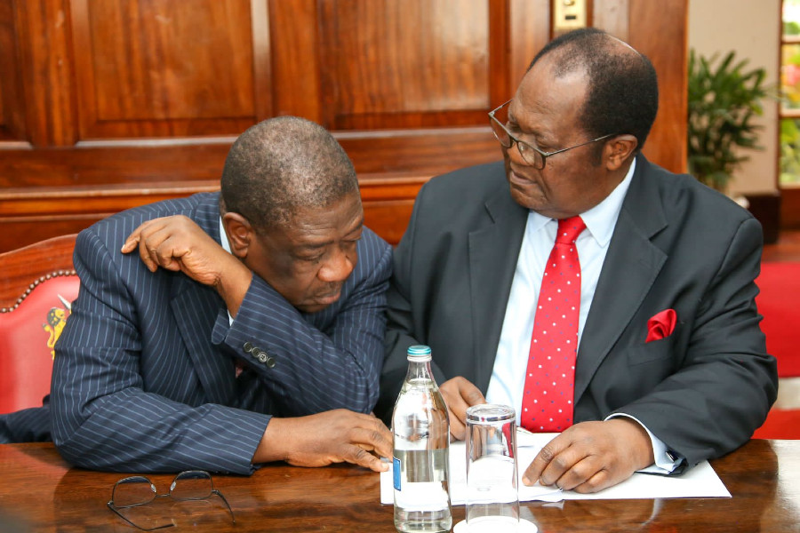 Justice Benjamin Odoki (right), the Chairperson of the Committee of Experts, together with his Deputy Amos Wako during the meeting with the President.