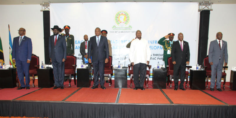 ( L-R)  Hon Musoni James, Minister of Infrastructure, from the republic of Rwanda, representing President Paul Kagame, H.E Salva Kiir Mayardit,President of the Republic of S.Sudan,H.E Uhuru Kenyatta, from the Republic of Kenya,H.E Yoweri Museveni, Chair of the EAC Summit and the President of Uganda, H.E John Magufuli,from Tanzania and H.E Gaston Sindimo,1st Vice President of Burundi representing President of Burundi.