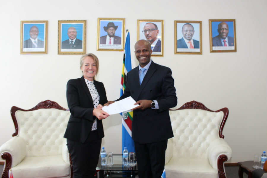 EAC Secretary General Amb. Liberat Mfumukeko receives credentials from the new Danish Ambassador, Ms. Mette Norgaard Dissing-Spandet, at the EAC Headquarters. The two later held talks on bilateral cooperation between Denmark and the EAC. 