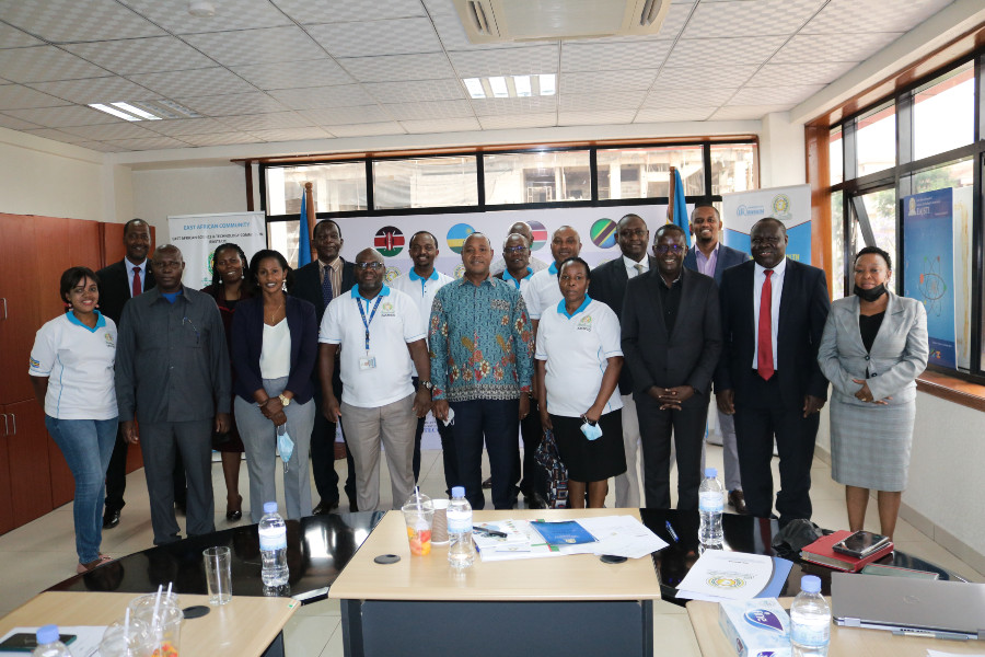 EAC Secretary General Hon. Dr. Peter Mathuki with EASTECO staff at the institution's headquarters. Also in the photo is the Deputy Secretary General in charge of the Productive and Social Sectors. Hon. Christophe Bazivamo (second right) and the EALA Speaker, Rt. Hon. Ngoga Martin (third right).