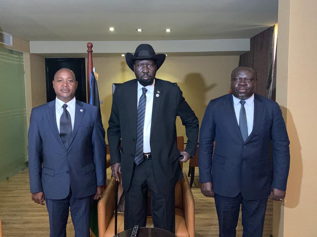 Group Photo (L-R) EAC Secretary General, Dr. Peter Mathuki, President of the Republic of South Sudan, H.E Salva Kiir Mayardit and EAC Deputy Secretary General in charge of Productive and Social Sectors, Hon. Christophe Bazivamo.