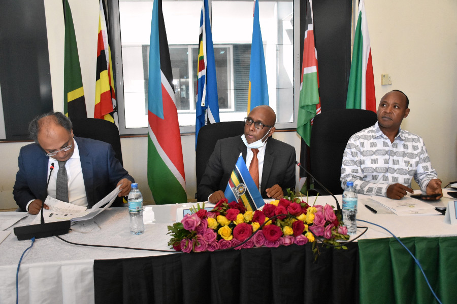 Kenya’s Cabinet Secretary for EAC and Regional Development Hon. Adan Mohamed (centre) with EAC Secretary General Hon. Dr. Peter Mathuki (right) and Dr. Kevit Desai, EAC Principal Secretary (Kenya) during the 31st Meeting of the Sectoral Council of EAC Affairs and Planning in Arusha. 