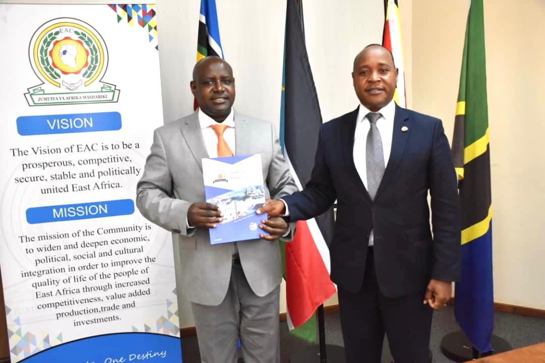 EAC Secretary General Hon. Dr. Peter Mathuki (right) with the EABC Executive Director, Mr. John Bosco Kalisa, who paid him a courtesy call at the EAC Headquarters in Arusha, Tanzania.