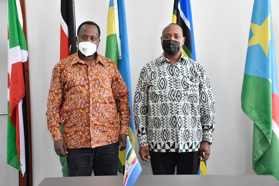 The East African Community (EAC) Secretary General, Hon. (Dr.) Peter Mathuki with Dr. Aflodis Kagaba pose for a picture shortly after their meeting.