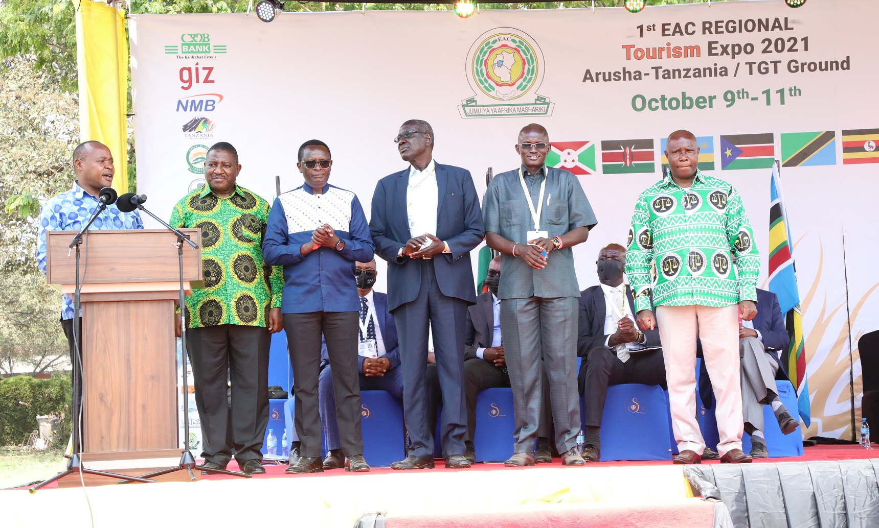  EAC Secretary General Hon. (Dr.) Peter Mathuki (left) introduces East African Court of Justice President, Justice Nestor Kayobera (extreme right), East African Legislative Assembly Speaker, Hon. Ngoga Martin (third left) and EAC Deputy Secretary General in charge of Planning and Infrastructure, Eng. Steven Mlote (second left). Also in the picture are two members of the East African Legislative Assembly. 