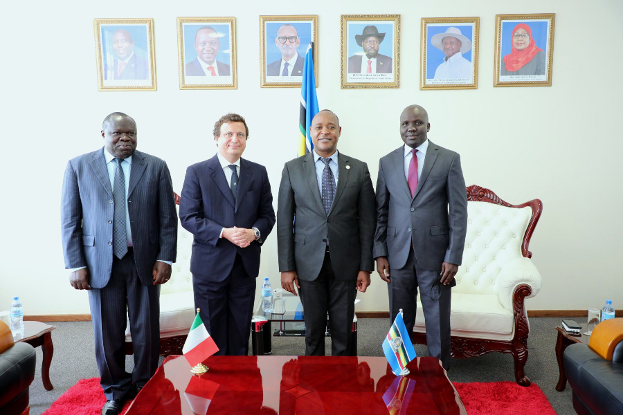  EAC Secretary General Dr. Peter Mathuki (second right) with Italy’s Ambassador to the EAC H.E. Marco Lombardi at the EAC Headquarters. Also in the photo are the EAC Deputy Secretary General in charge of the Productive and Social Sectors, Hon. Christophe Bazivamo (extreme left) and South Sudan’s EAC Affairs Under Secretary, Hon. Andrea Ariik Malueth (far right).