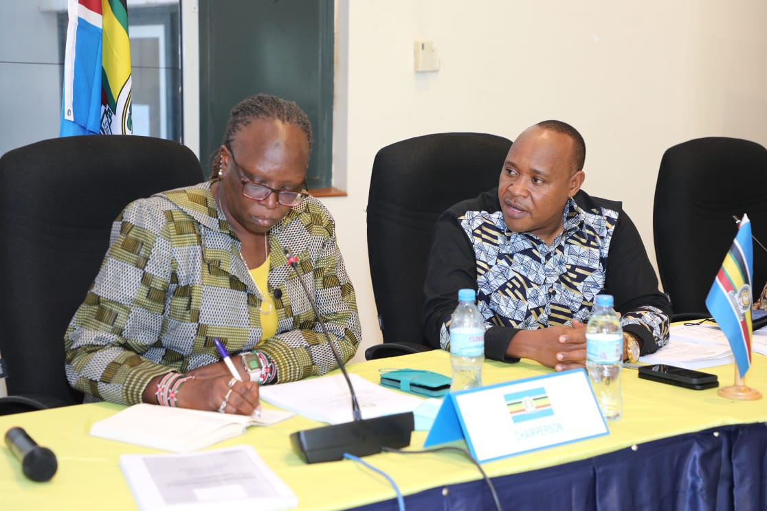 EAC Secretary General Hon. (Dr.) Peter Mathuki (second right) with the Head of the ICRC Regional Delegation, Mr. Olivier Dubois, at the EAC Headquarters in Arusha, Tanzania. Also in the photo are (from left) the EAC Peace and Security Expert, Mr. Leonard Onyonyi, and Mr. Barako Elema, ICRC Humanitarian Adviser.