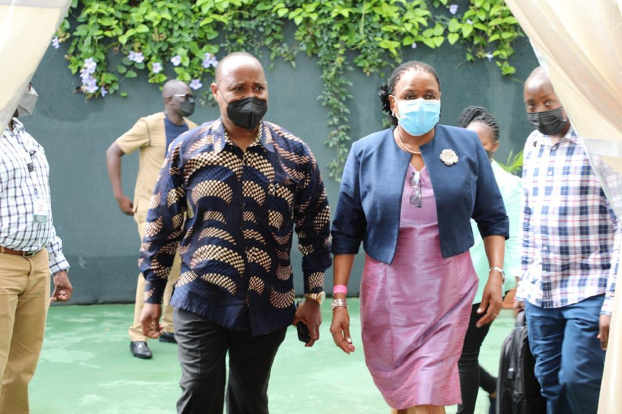 EAC Secretary General Hon. Dr Peter Mathuki and Hon. Justice Martha Koome, Chief Justice of the Republic of Kenya making entry at the Joint Symposium of the Forum of East African Community Chief Justices and the East African Judicial Education Committee in Mombasa, Kenya.