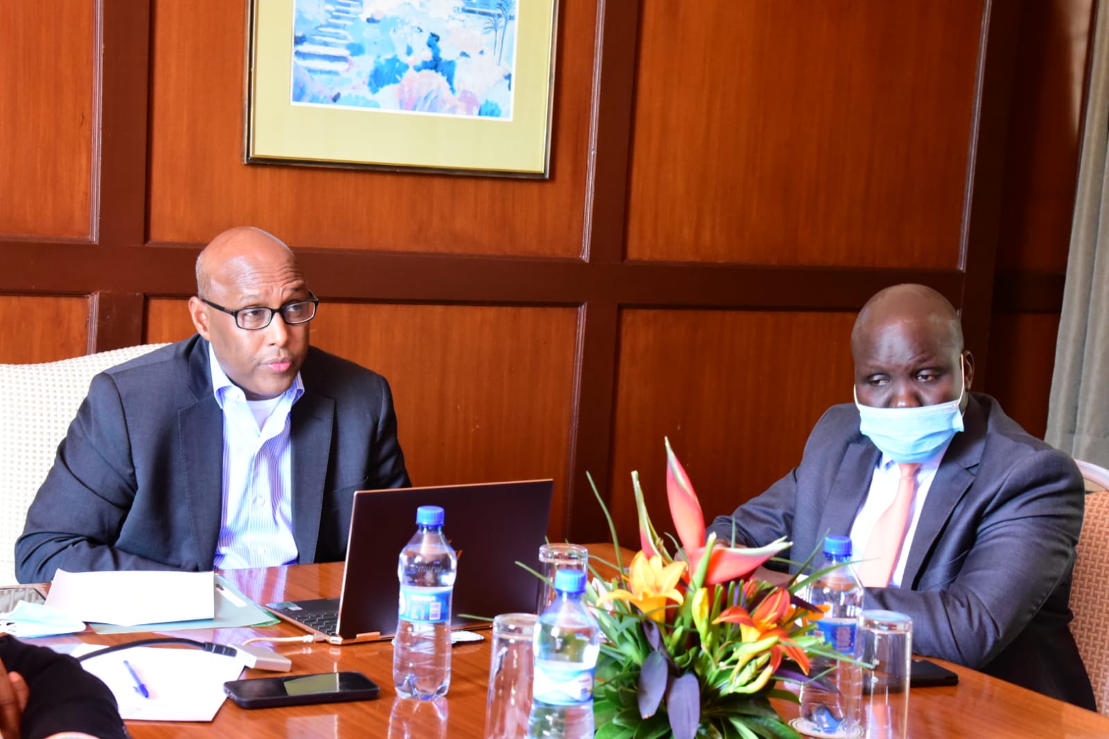 Kenya’s Cabinet Secretary for EAC and Regional Development, Hon. Adan Mohamed (left), and South Sudan’s Undersecretary in the Ministry of EAC Affairs, Hon. Andrea Arikk Malueth, during the 3rd Joint Virtual Multi-sectoral Meeting of Ministers responsible for EAC Affairs, Health and Transport.