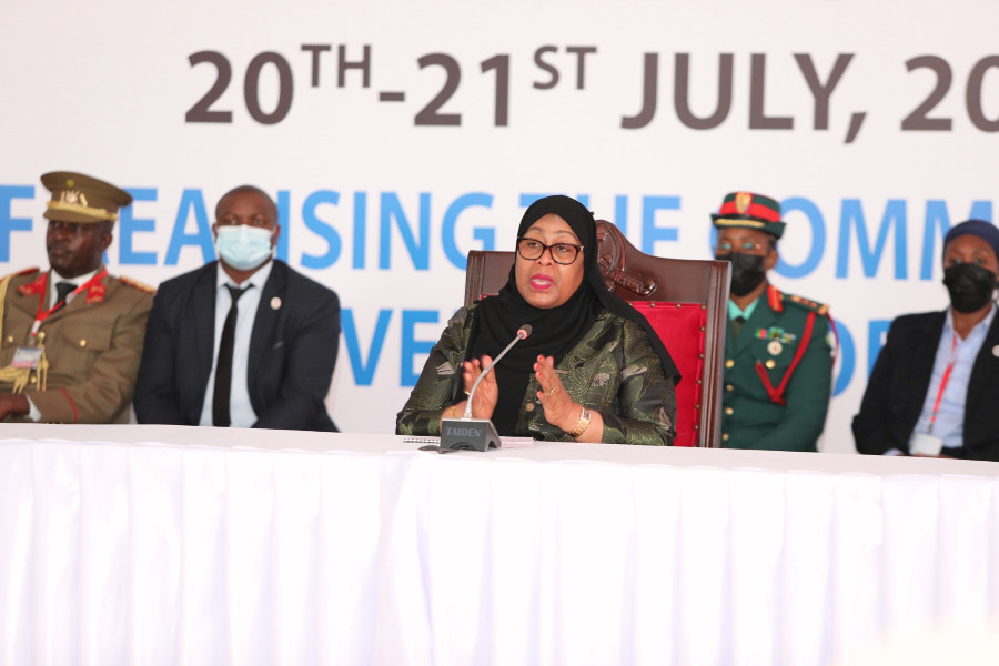 The President of the United Republic of Tanzania, H.E Samia Suluhu Hassan, speaks at the High Level Retreat for the Summit on the EAC Common Market.
