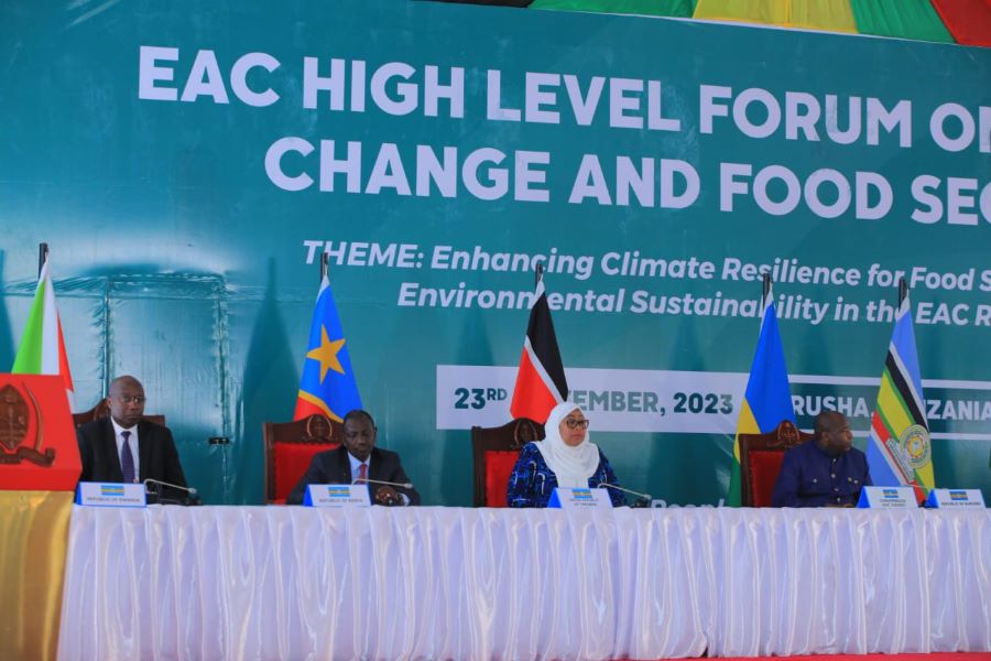 EAC Heads of State at the High Level Forum on Climate Change and Food Security held in Arusha, Tanzania. They are (from right) President Evariste Ndayishimiye of Burundi, President Samia Hassan Suluhu of Tanzania and President William Ruto of Kenya. On the extreme left is Rwandan Prime Minister Edouard Ngirente who represented President Paul Kagame at the forum.     