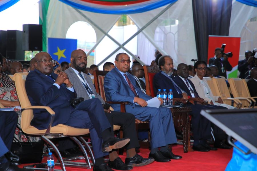 The President of the Federal Republic of Somalia, H.E. Hassan Sheikh Mohamud (third right), during the EAC High Level Forum on Climate Change and Food Security. Also in the photo are the East African Legislative Assembly Speaker, Hon. Joseph Ntakirutimana (extreme left), AGRA Chairman H.E. Hailemariam Desalegn (third left) and EAC Deputy Secretaries General Ms, Annette Ssemuwemba and Hon. Andrea Ariik Malueth (second and third right, respectively).   