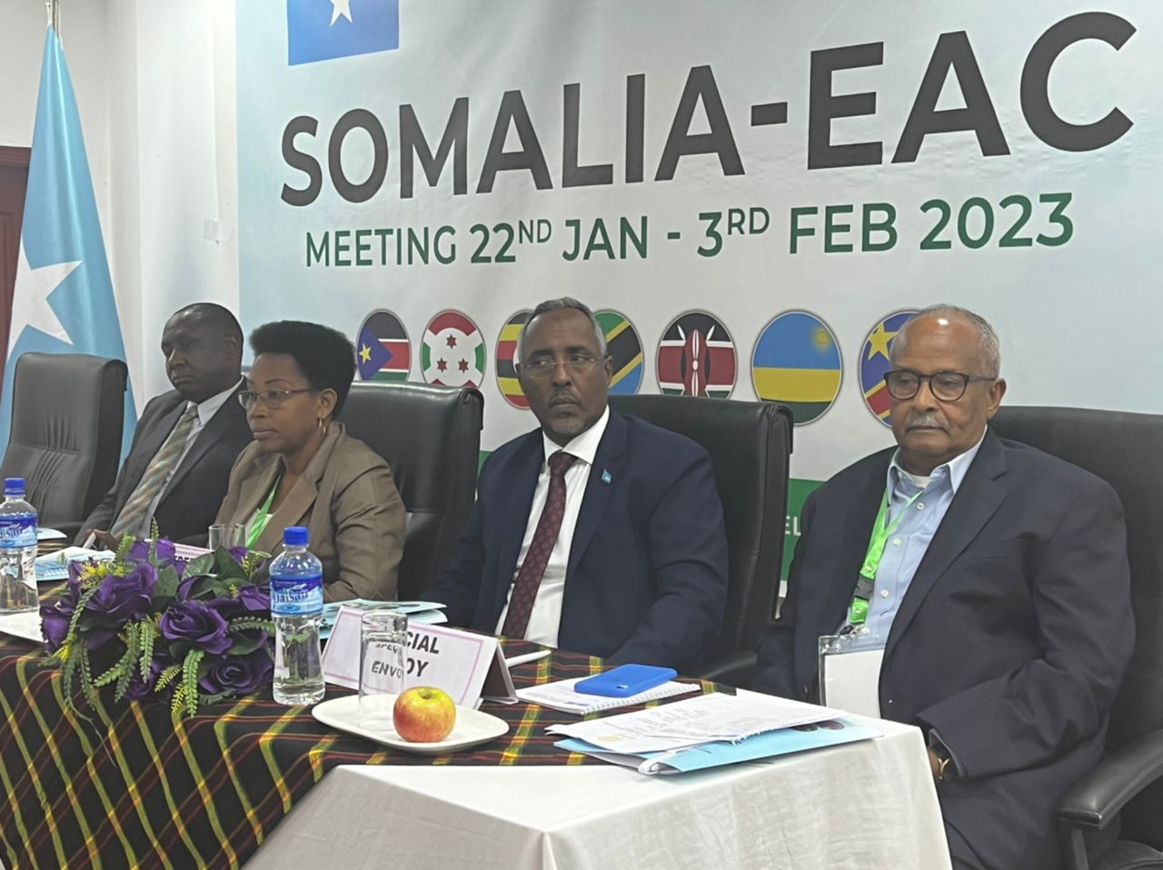 (L-R) The Council to the Community, Dr. Anthony Kafumbe, the Chairperson of the Verification Mission, Mrs. Tiri Marie Rose, Somalia’s Minister of Foreign Affairs and International Cooperation, Hon. Abshir Omar, and the Special Envoy of the President of Somalia to EAC, H.E. Abdulsalam Omer in Mogadishu, Somalia.