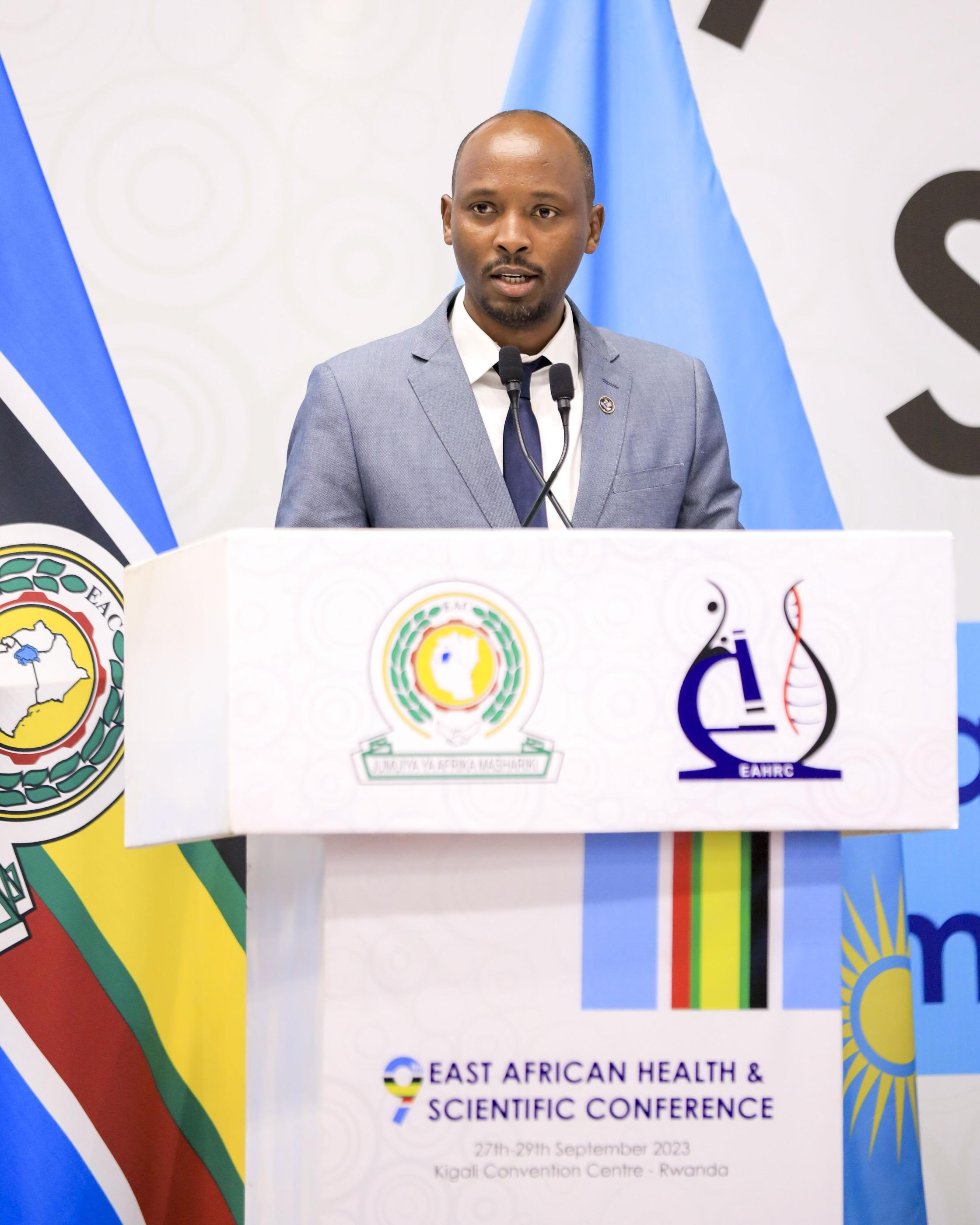  Rwanda’s Minister of Health, Dr. Sabin Nsanzimana, addresses delegates when he officially opened the 9th East African Health and Scientific Conference at the Kigali Convention Centre in Kigali.