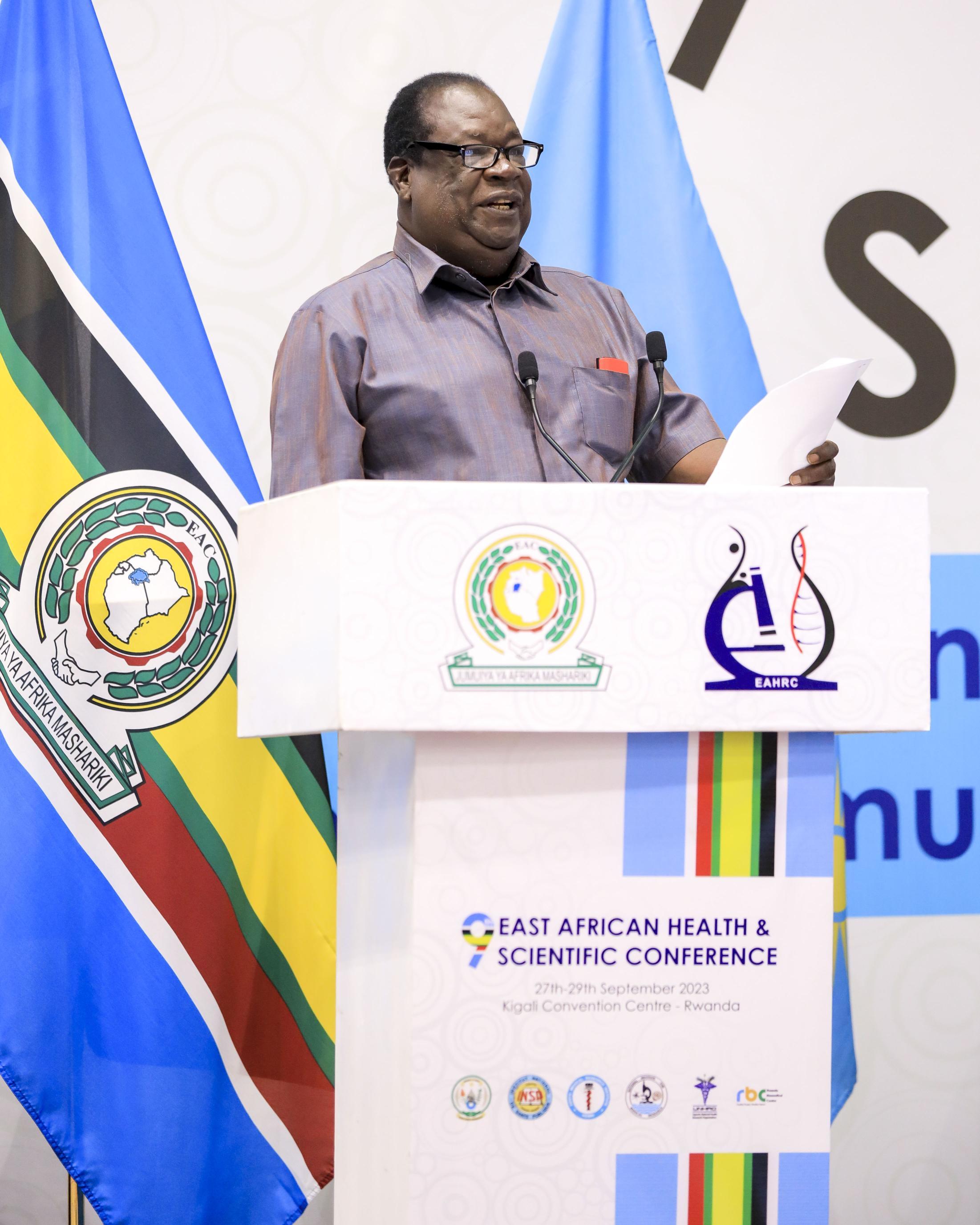 Uganda’s Minister of State for EAC Affairs, Hon. James Magode Ikuya, making his remarks during the official opening session of the 9th East African Health and Scientific Conference at the Kigali Convention Centre in Kigali.