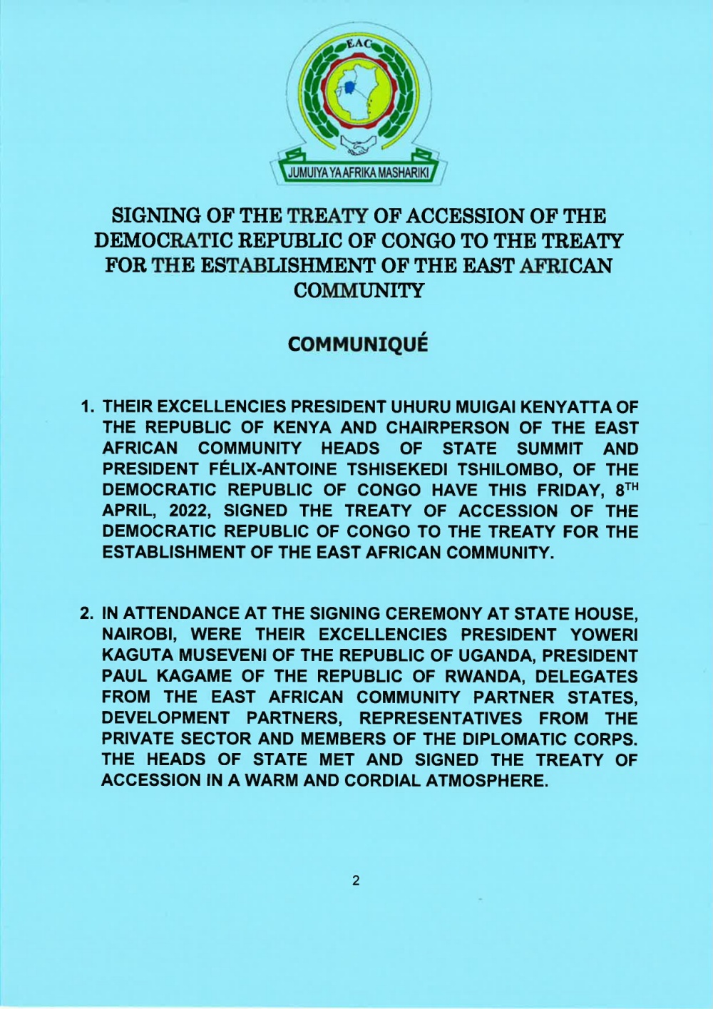 Signed Communique on the Signing of Treaty of Accession by DRC to EAC page 0002