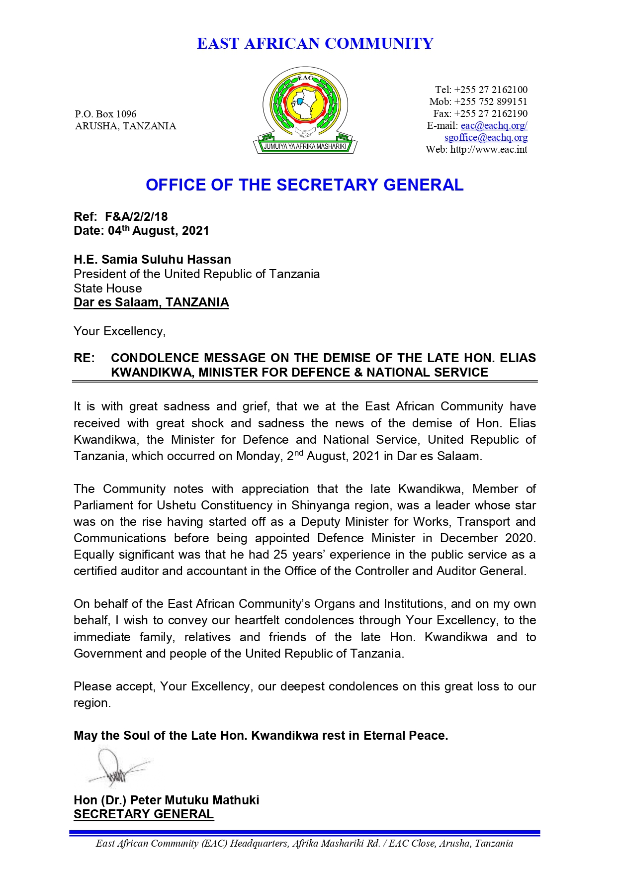 CONDOLENCE MESSAGE ON THE DEMISE OF HON. ELIAS KWANDIKWA MINISTER OF DEFENCE NATIONAL SERVICE