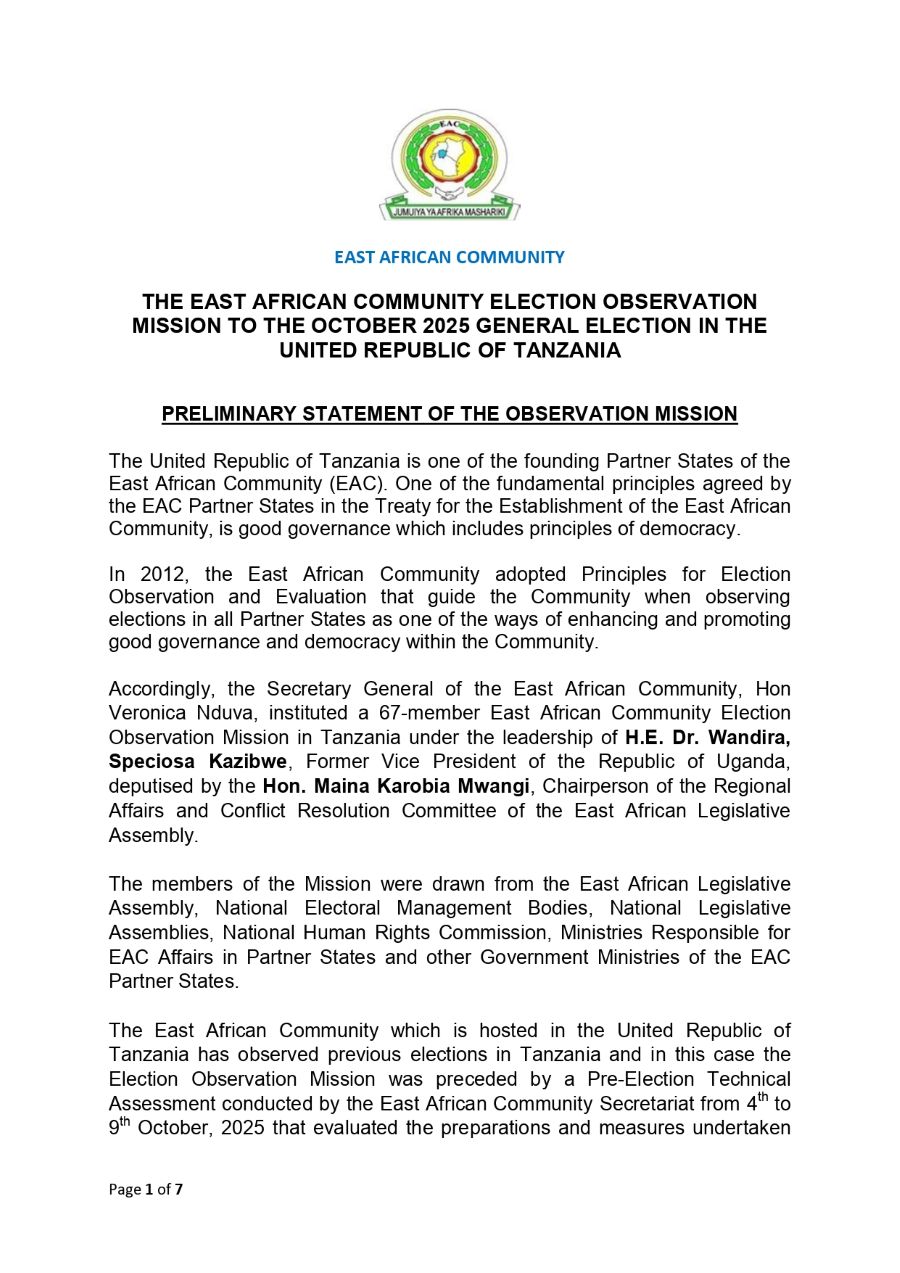 Preliminary Statement EAC Observer Mission to the 2025 URT General Election page 0001