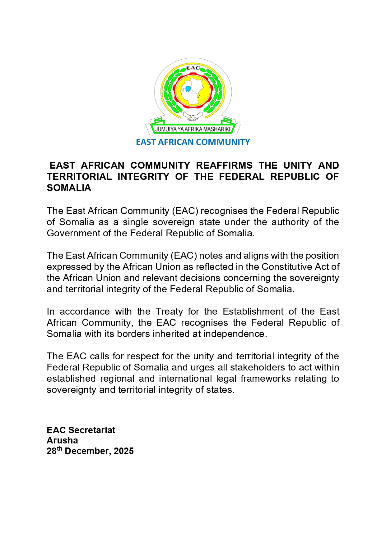 Statement of the EAC reaffirming the AU respect for unity and territory integrity of Somalia page 0001