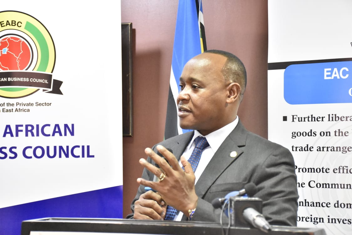 Hon. Dr. Peter Mathuki, the EAC Secretary General, addresses participants during the EABC CEO engagement roundtable meeting held in Arusha. 